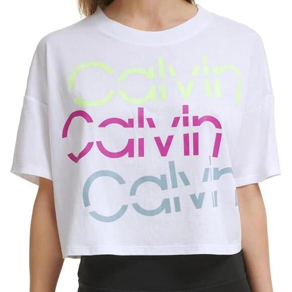 Calvin Klein Performance womans Sliced Logo Cropped T-Shirt White  L - Picture 1 of 4
